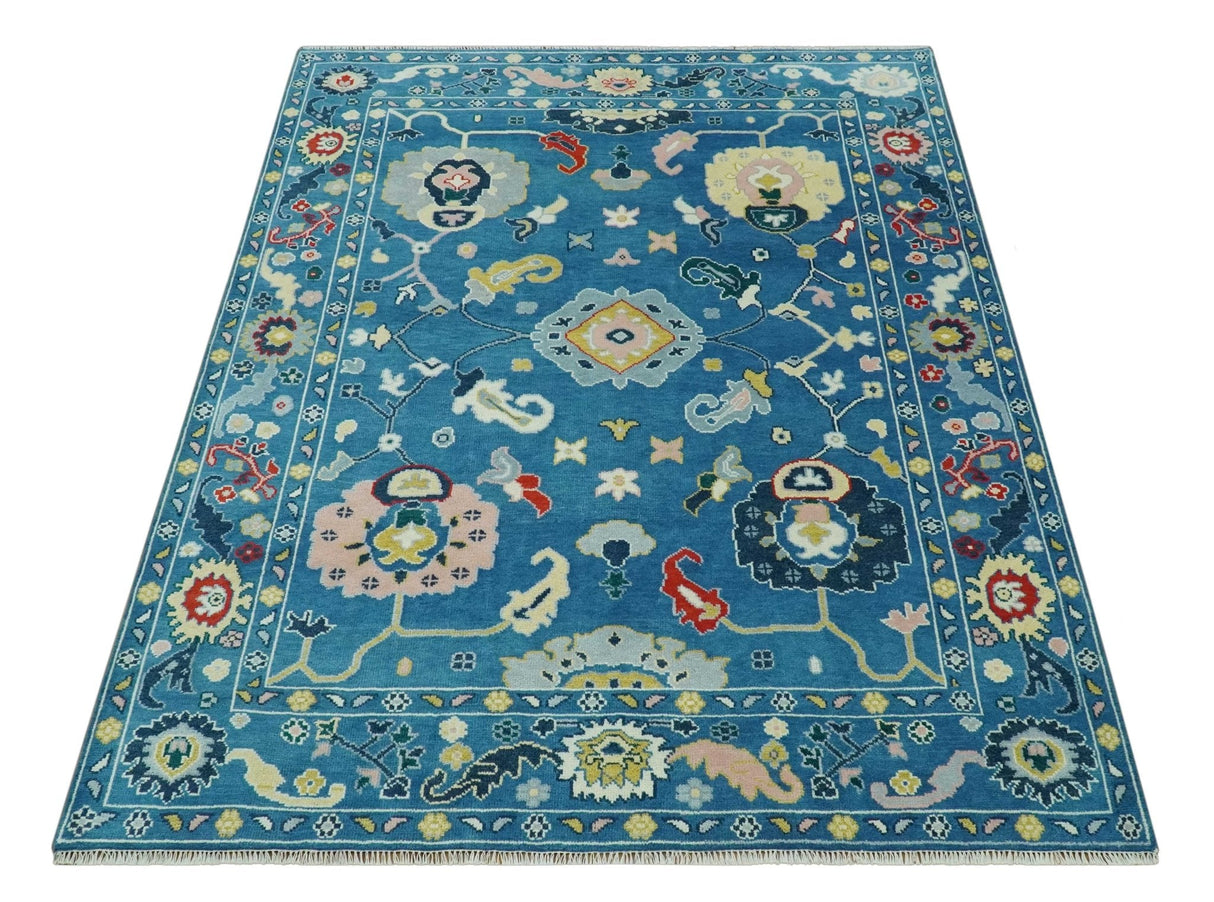 Vibrant colorful Blue Hand Knotted 8x10 Traditional Oushak Wool area Rug
