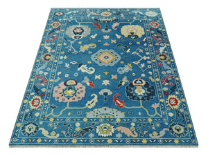 Vibrant colorful Blue Hand Knotted 8x10 Traditional Oushak Wool area Rug