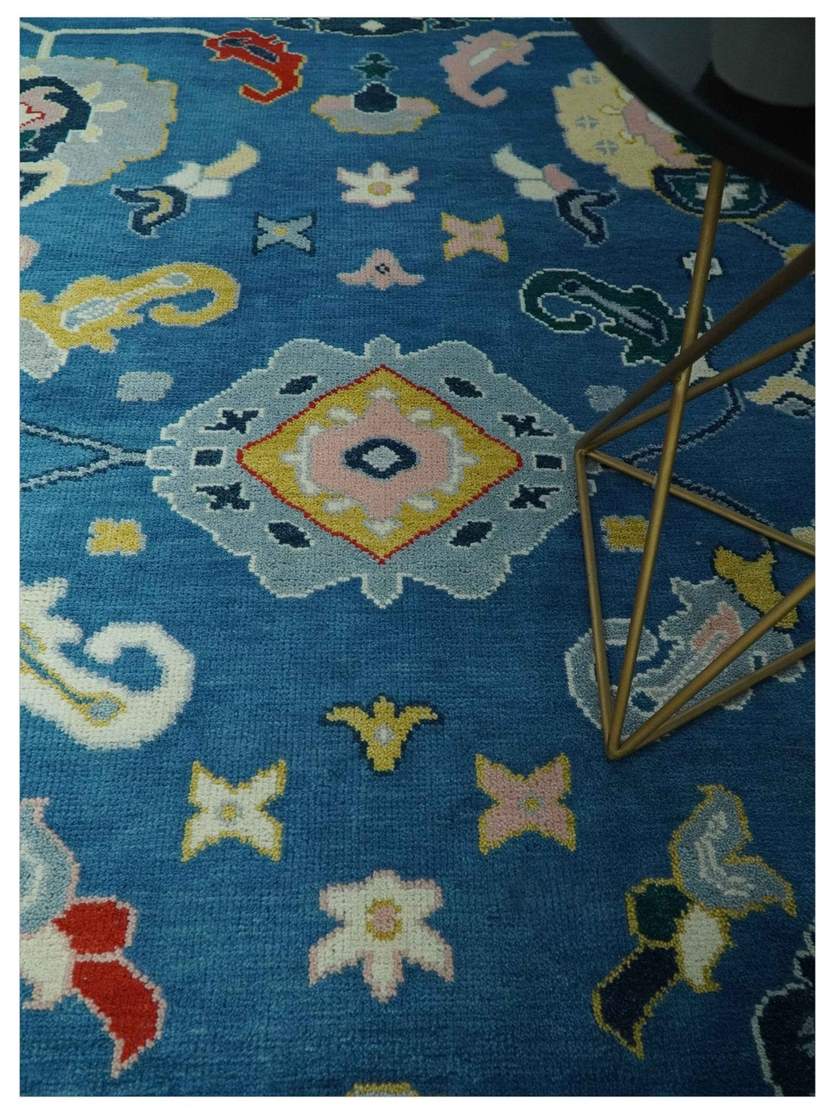 Vibrant colorful Blue Hand Knotted 8x10 Traditional Oushak Wool area Rug