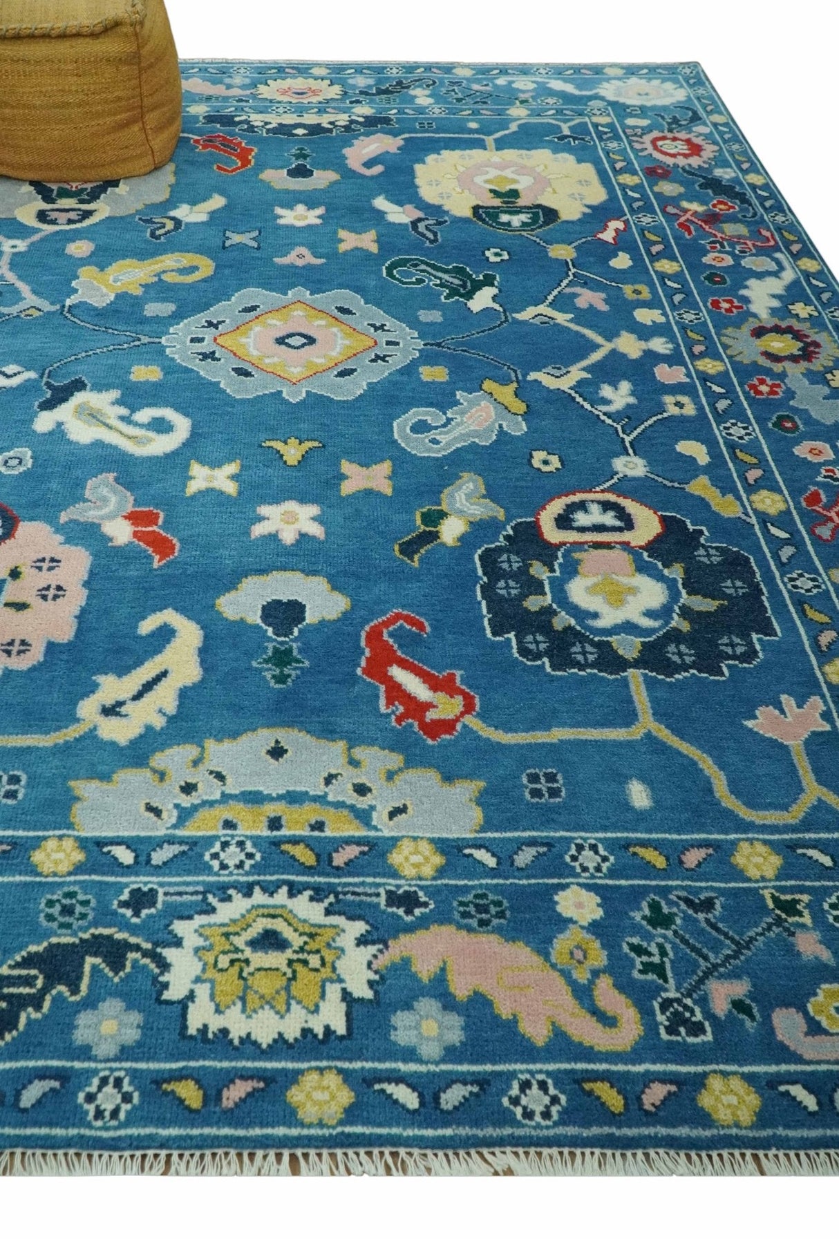 Vibrant colorful Blue Hand Knotted 8x10 Traditional Oushak Wool area Rug