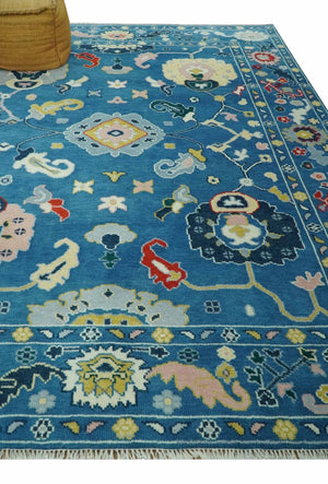 Vibrant colorful Blue Hand Knotted 8x10 Traditional Oushak Wool area Rug