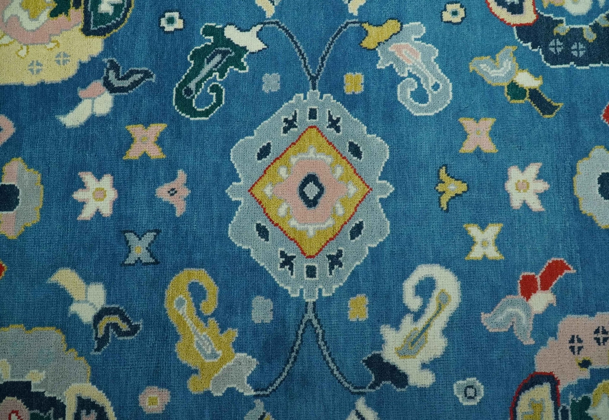 Vibrant colorful Blue Hand Knotted 8x10 Traditional Oushak Wool area Rug