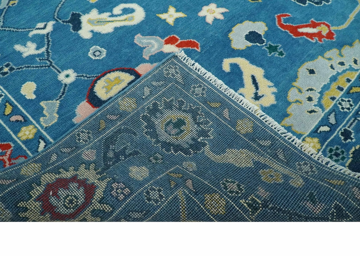 Vibrant colorful Blue Hand Knotted 8x10 Traditional Oushak Wool area Rug