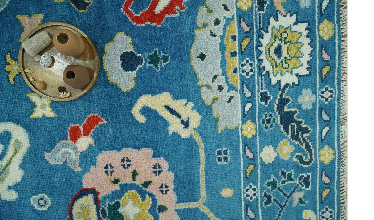 Vibrant colorful Blue Hand Knotted 8x10 Traditional Oushak Wool area Rug