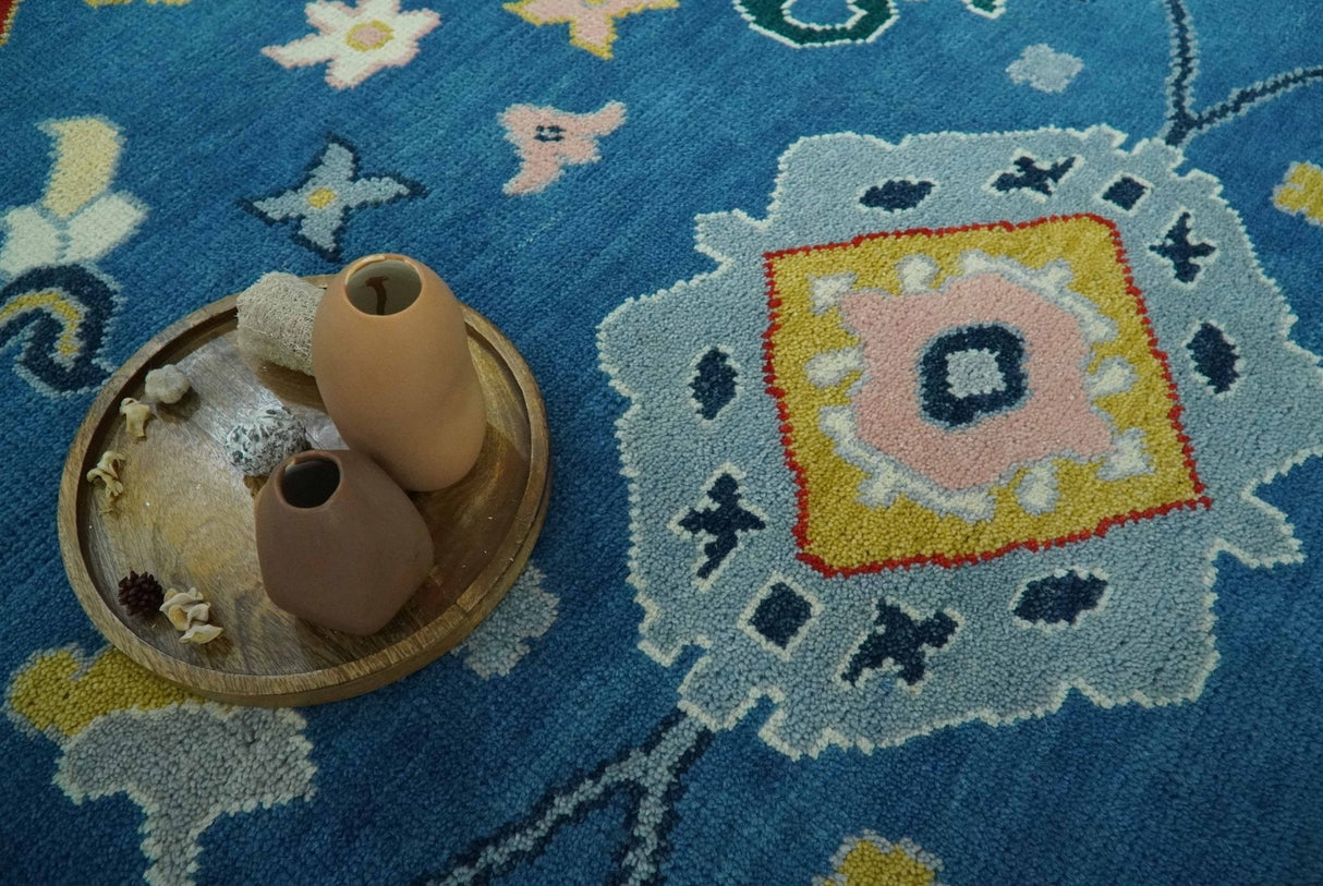 Vibrant colorful Blue Hand Knotted 8x10 Traditional Oushak Wool area Rug