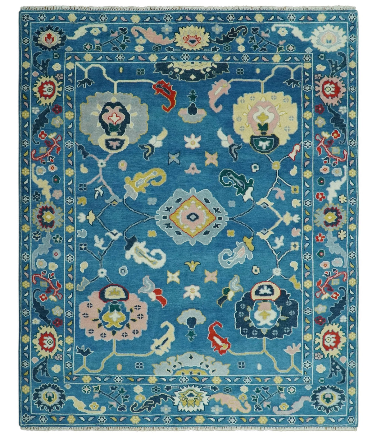 Vibrant colorful Blue Hand Knotted 8x10 Traditional Oushak Wool area Rug