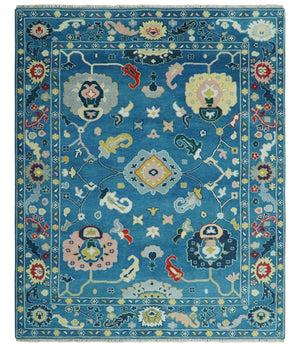 Vibrant colorful Blue Hand Knotted 8x10 Traditional Oushak Wool area Rug