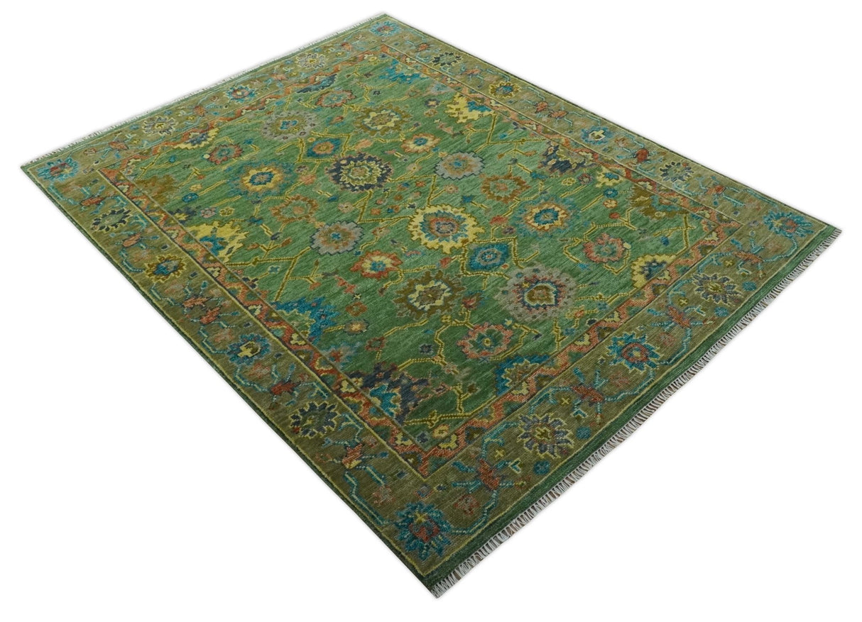 Vibrant colorful Green 8x10 Hand Knotted Traditional Oriental Oushak wool Area Rug