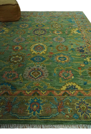 Vibrant colorful Green 8x10 Hand Knotted Traditional Oriental Oushak wool Area Rug