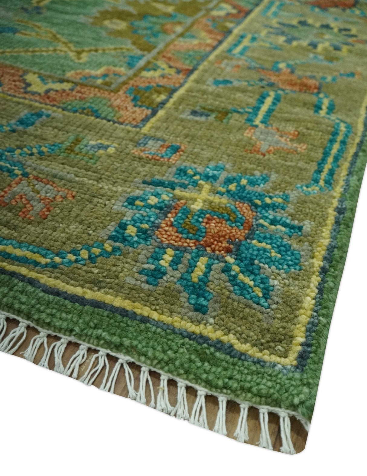 Vibrant colorful Green 8x10 Hand Knotted Traditional Oriental Oushak wool Area Rug