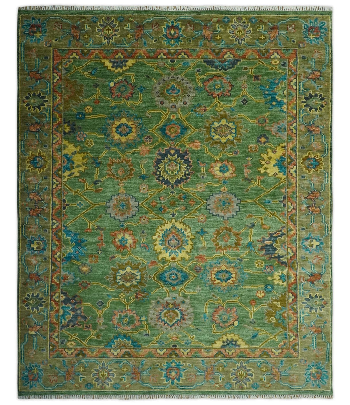 Vibrant colorful Green 8x10 Hand Knotted Traditional Oriental Oushak wool Area Rug