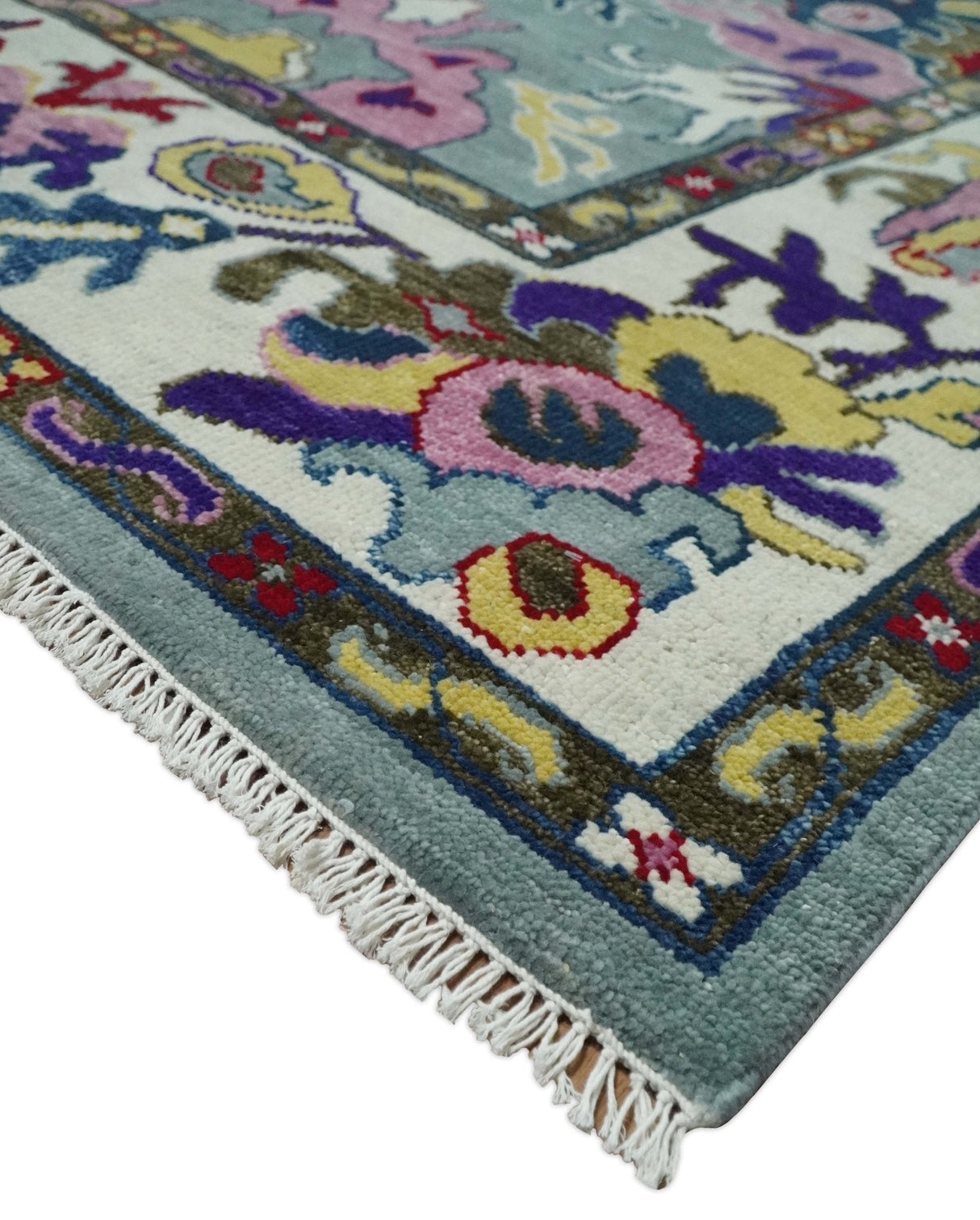 Vibrant colorful Silver, Ivory and Brown Hand Knotted Traditional Oushak Multi Size wool Area Rug