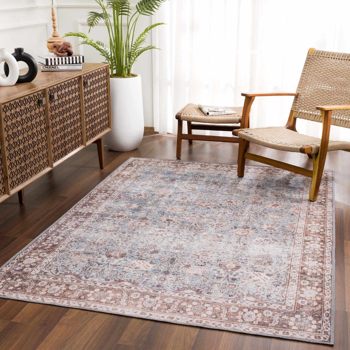 Vintage Brown&Blue Dauis Washable Rug