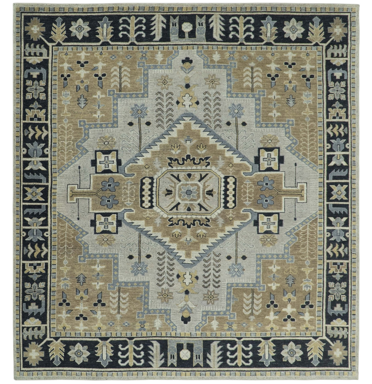 Vintage Distressed Hand Knotted Traditional Heriz Serapi Camel, Ivory and Black Custom Made wool Area Rug