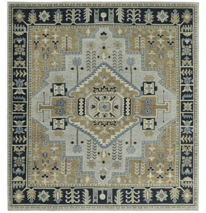 Vintage Distressed Hand Knotted Traditional Heriz Serapi Camel, Ivory and Black Custom Made wool Area Rug