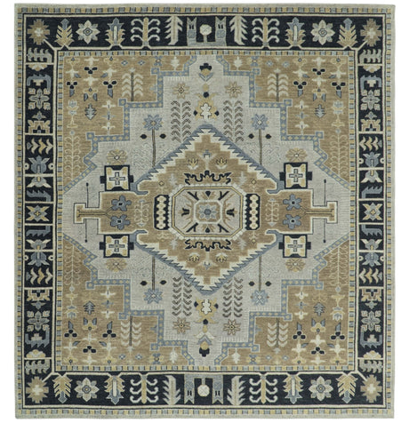 Vintage Distressed Hand Knotted Traditional Heriz Serapi Camel, Ivory and Black Custom Made wool Area Rug