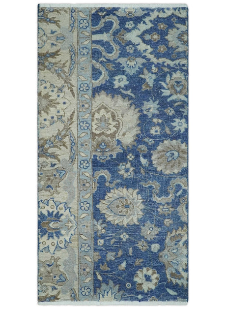 Vintage Hand Knotted 2x4 Blue, Ivory and Gray Traditional Oxidized Textured Persian Low Pile Wool Rug | N3424
