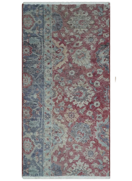 Vintage Hand Knotted 2x4 Maroon and Blue Traditional Oxidized Textured Persian Low Pile Wool Rug| N1824