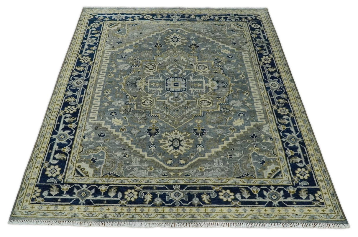 Vintage Style 8x10 Hand Knotted Heriz Serapi Gray, Beige and Blue Traditional Area Rug