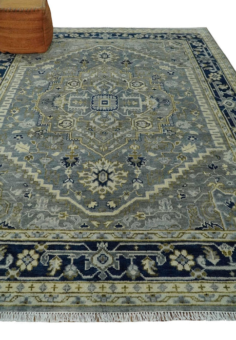 Vintage Style 8x10 Hand Knotted Heriz Serapi Gray, Beige and Blue Traditional Area Rug