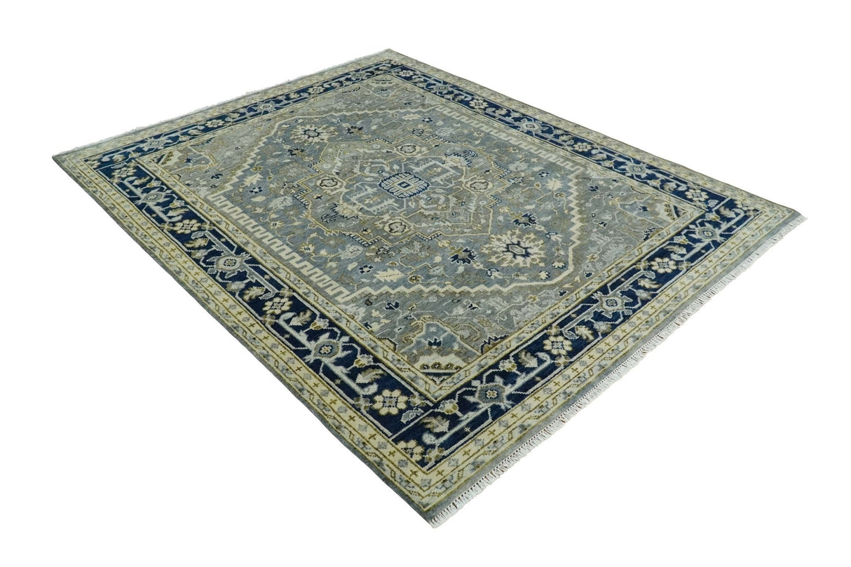 Vintage Style 8x10 Hand Knotted Heriz Serapi Gray, Beige and Blue Traditional Area Rug