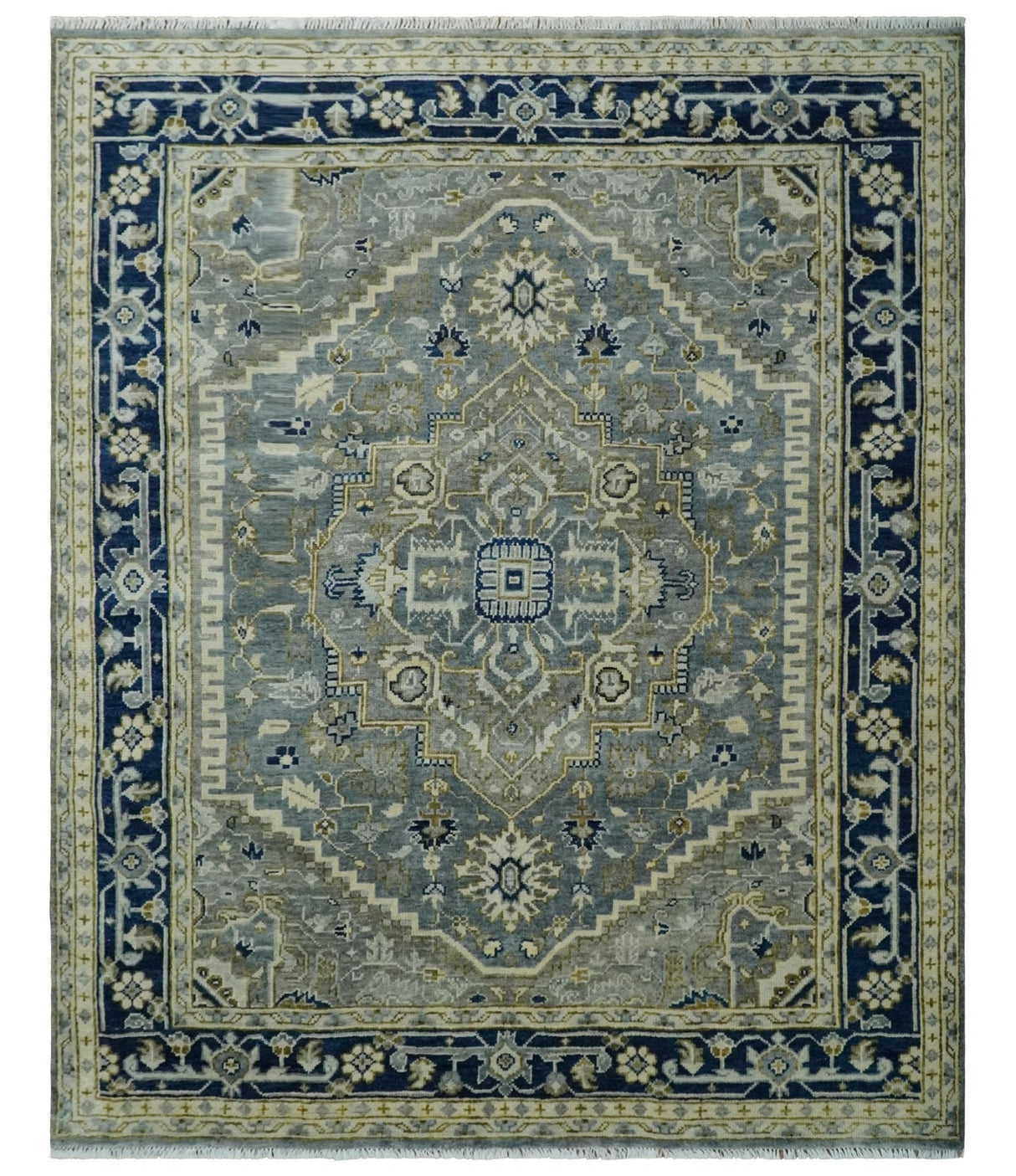 Vintage Style 8x10 Hand Knotted Heriz Serapi Gray, Beige and Blue Traditional Area Rug