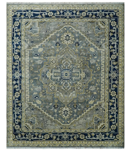 Vintage Style 8x10 Hand Knotted Heriz Serapi Gray, Beige and Blue Traditional Area Rug