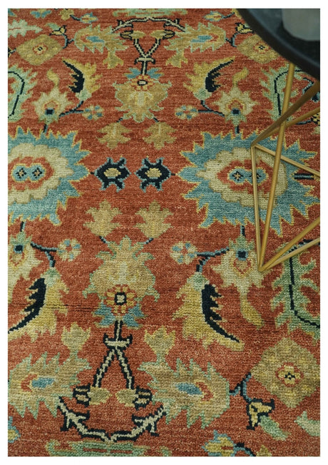 Vintage Style 8x10 Traditional Floral Rust and Olive Oriental Oushak wool area rug