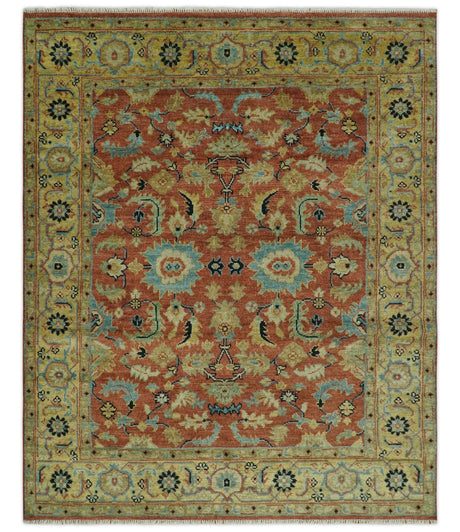 Vintage Style 8x10 Traditional Floral Rust and Olive Oriental Oushak wool area rug