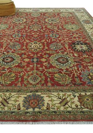 Vintage Style 9x12 Fine Hand Knotted Rust, Olive and Beige Traditional Serapi wool rug