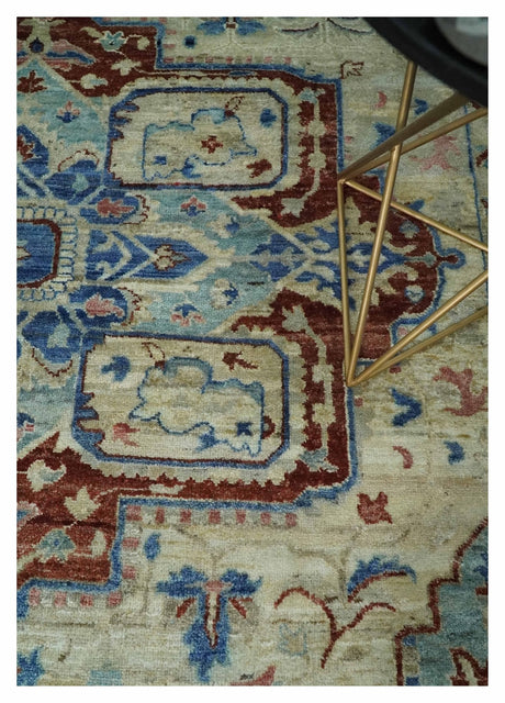 Vintage Style Beige, Aqua and Brown Hand Knotted Traditional Heriz 8x10 wool area Rug