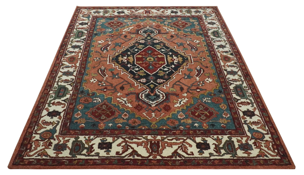 Vintage Style Black, Rust, Teal and Ivory Hand Tufted 8x10 Traditional wool Area Rug