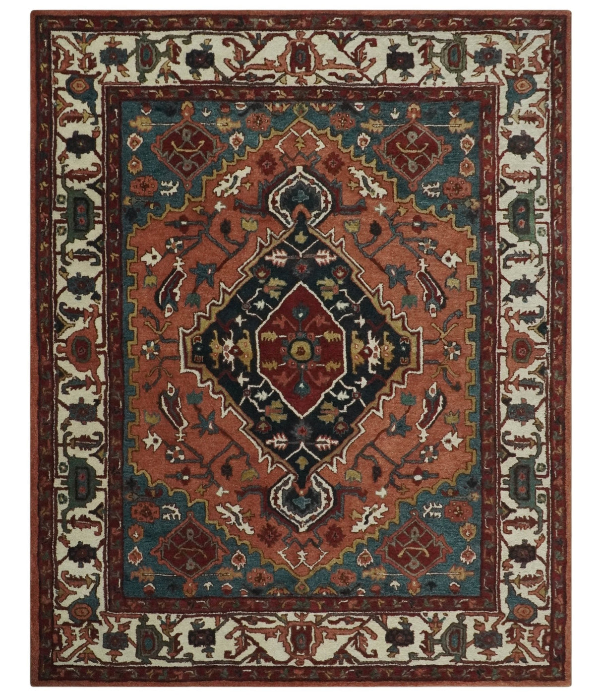 Vintage Style Black, Rust, Teal and Ivory Hand Tufted 8x10 Traditional wool Area Rug