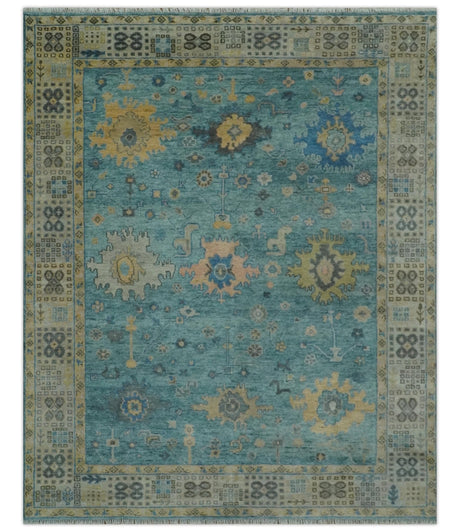 Vintage Style Blue, Beige and silver Hand Knotted Traditional Oushak wool area Rug