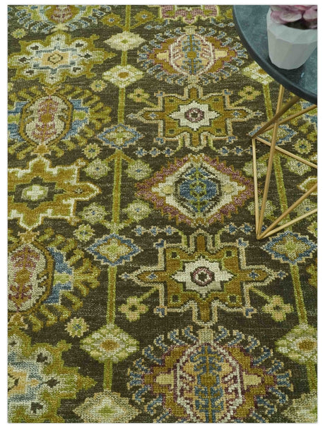 Vintage Style Earthy Green and Silver Traditional Hand Knotted 8x10 wool area rug