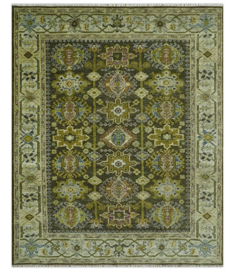 Vintage Style Earthy Green and Silver Traditional Hand Knotted 8x10 wool area rug