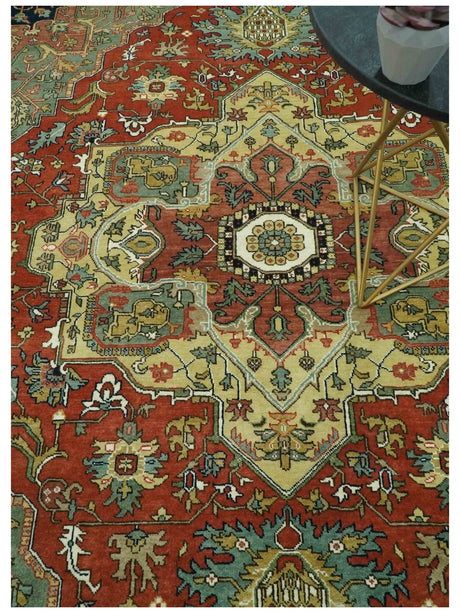 Vintage Style Green, Rust and Ivory Fine Hand Knotted 8x10 wool area rug