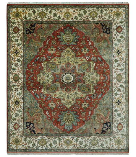 Vintage Style Green, Rust and Ivory Fine Hand Knotted 8x10 wool area rug