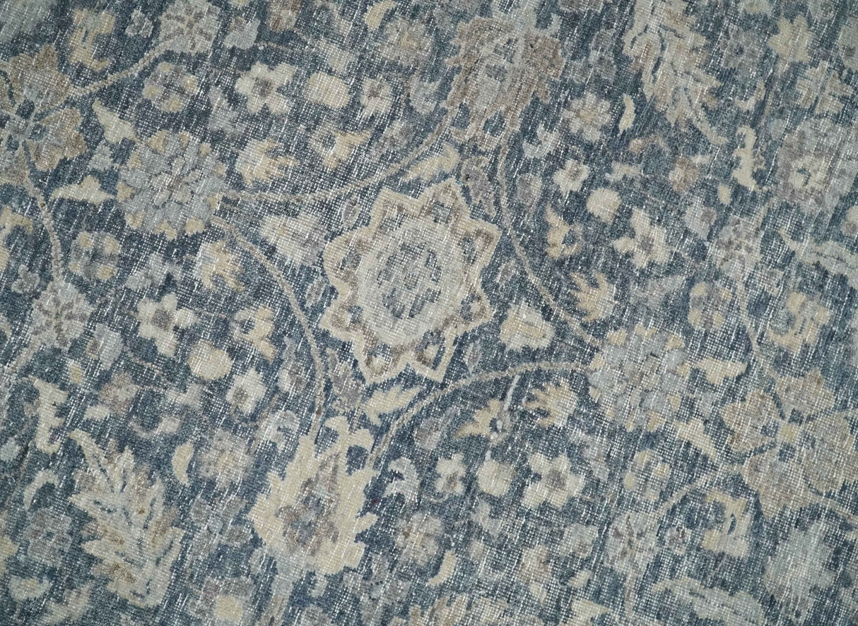 Vintage Style Hand Knotted 9x12 Traditional Blue and Beige Antique Textured Low Pile Distressed Wool Rug