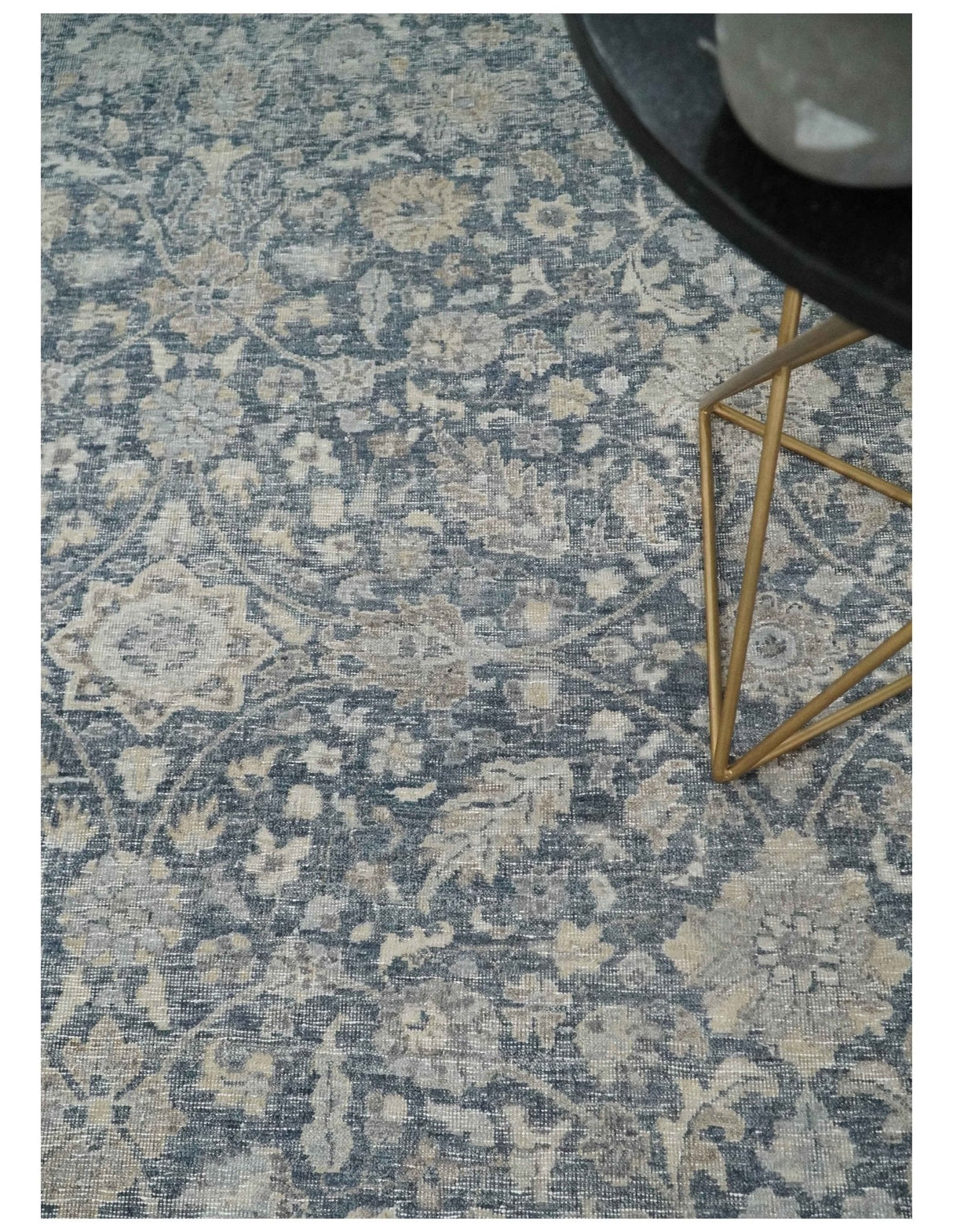 Vintage Style Hand Knotted 9x12 Traditional Blue and Beige Antique Textured Low Pile Distressed Wool Rug