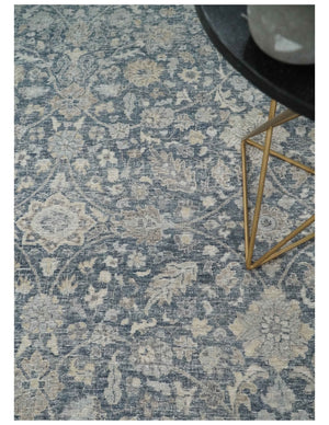 Vintage Style Hand Knotted 9x12 Traditional Blue and Beige Antique Textured Low Pile Distressed Wool Rug
