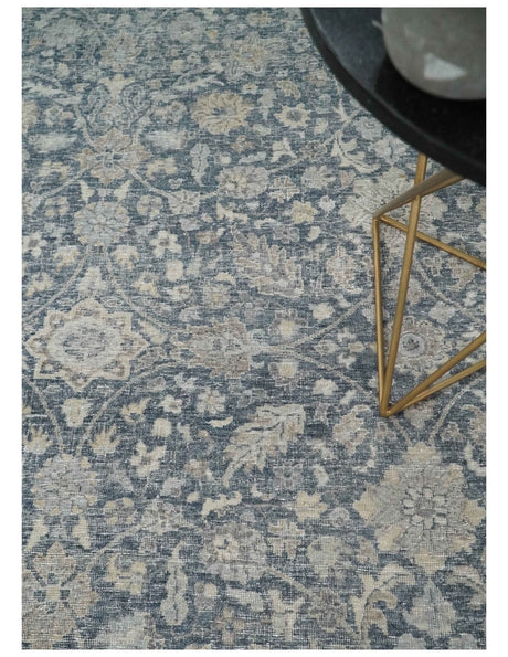 Vintage Style Hand Knotted 9x12 Traditional Blue and Beige Antique Textured Low Pile Distressed Wool Rug