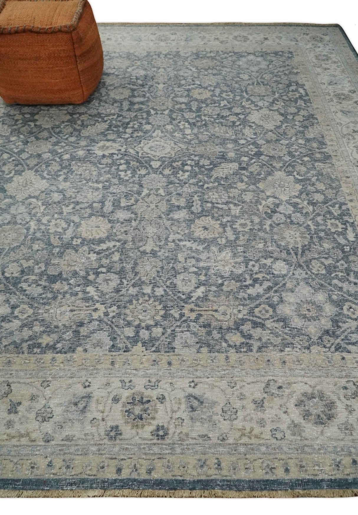 Vintage Style Hand Knotted 9x12 Traditional Blue and Beige Antique Textured Low Pile Distressed Wool Rug