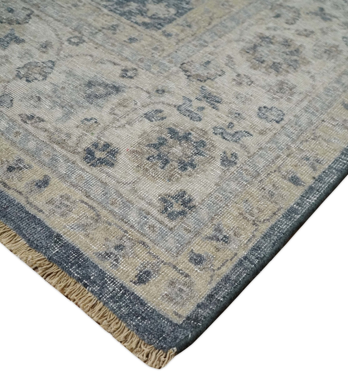 Vintage Style Hand Knotted 9x12 Traditional Blue and Beige Antique Textured Low Pile Distressed Wool Rug