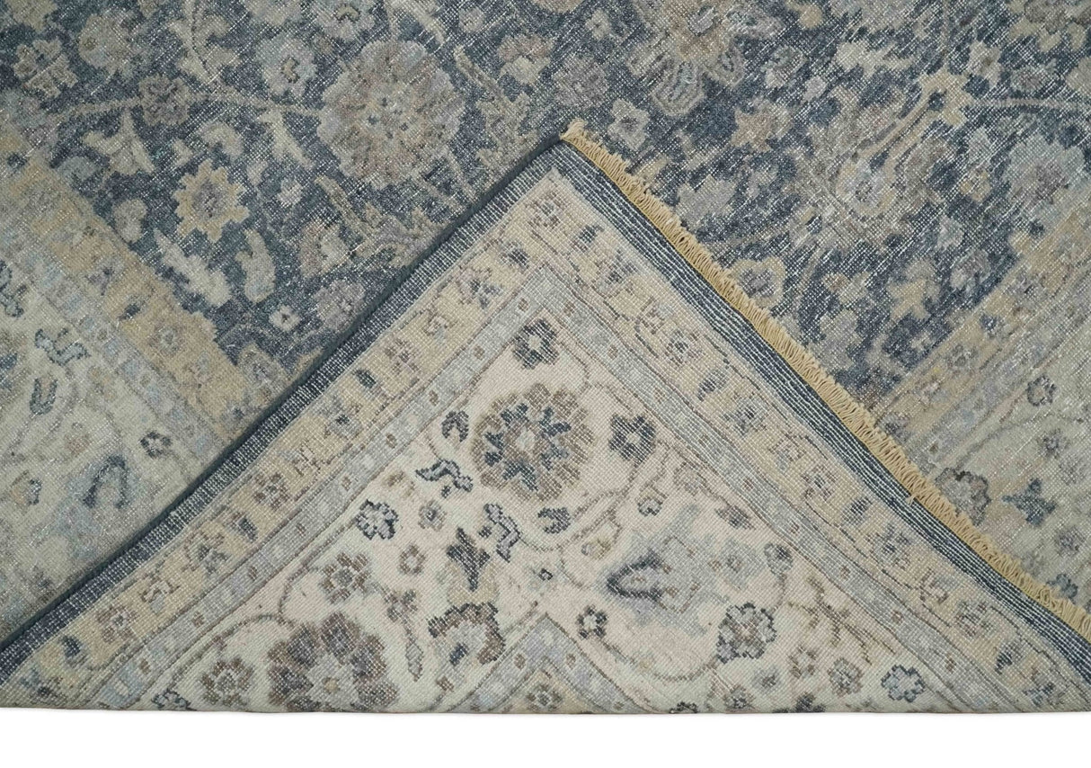 Vintage Style Hand Knotted 9x12 Traditional Blue and Beige Antique Textured Low Pile Distressed Wool Rug