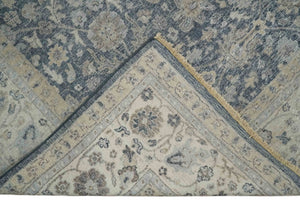 Vintage Style Hand Knotted 9x12 Traditional Blue and Beige Antique Textured Low Pile Distressed Wool Rug