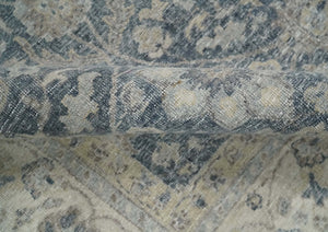Vintage Style Hand Knotted 9x12 Traditional Blue and Beige Antique Textured Low Pile Distressed Wool Rug