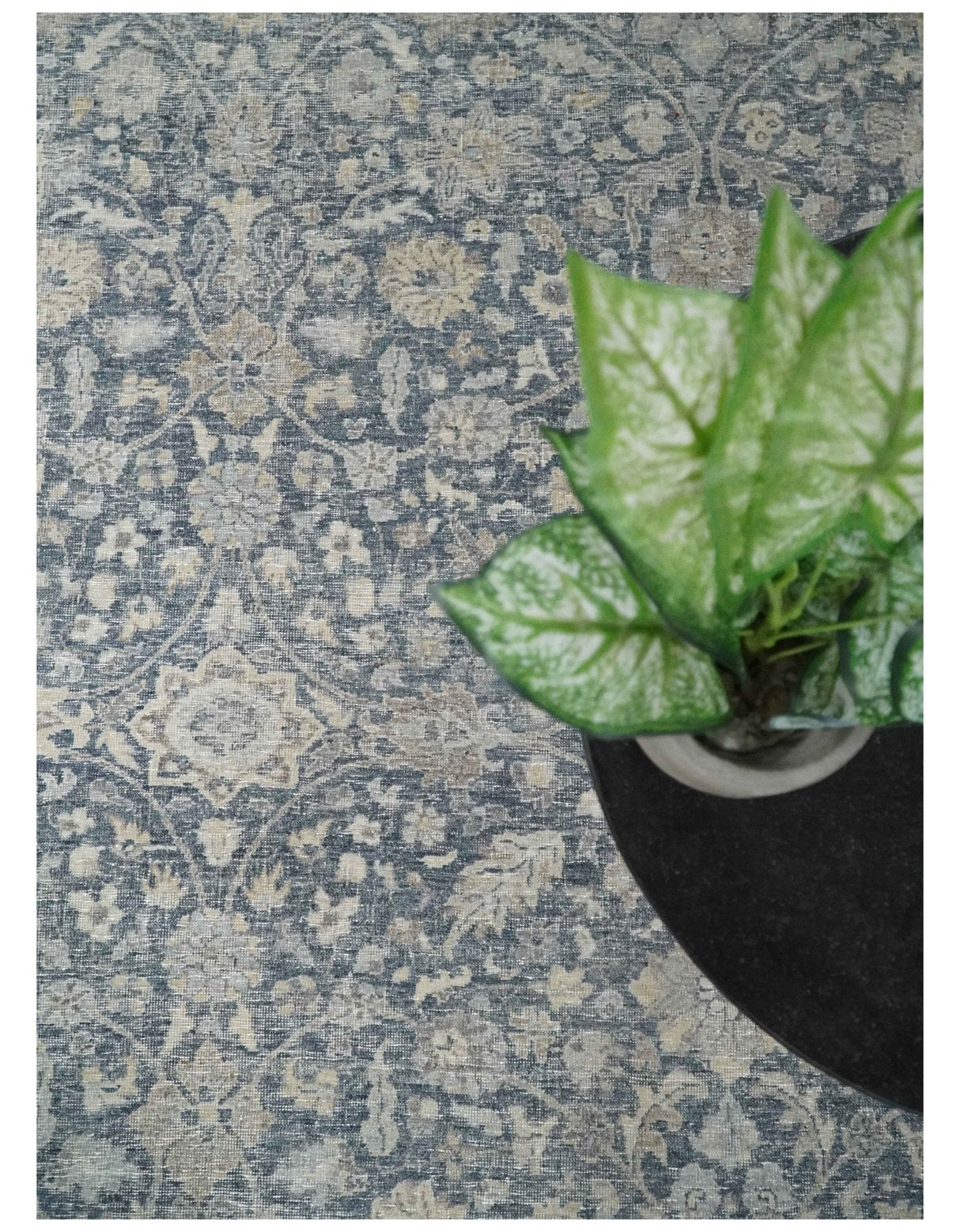 Vintage Style Hand Knotted 9x12 Traditional Blue and Beige Antique Textured Low Pile Distressed Wool Rug