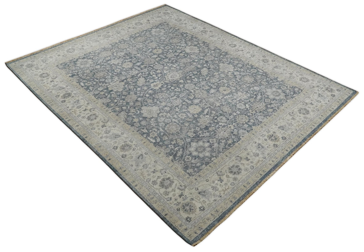 Vintage Style Hand Knotted 9x12 Traditional Blue and Beige Antique Textured Low Pile Distressed Wool Rug