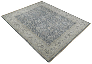 Vintage Style Hand Knotted 9x12 Traditional Blue and Beige Antique Textured Low Pile Distressed Wool Rug